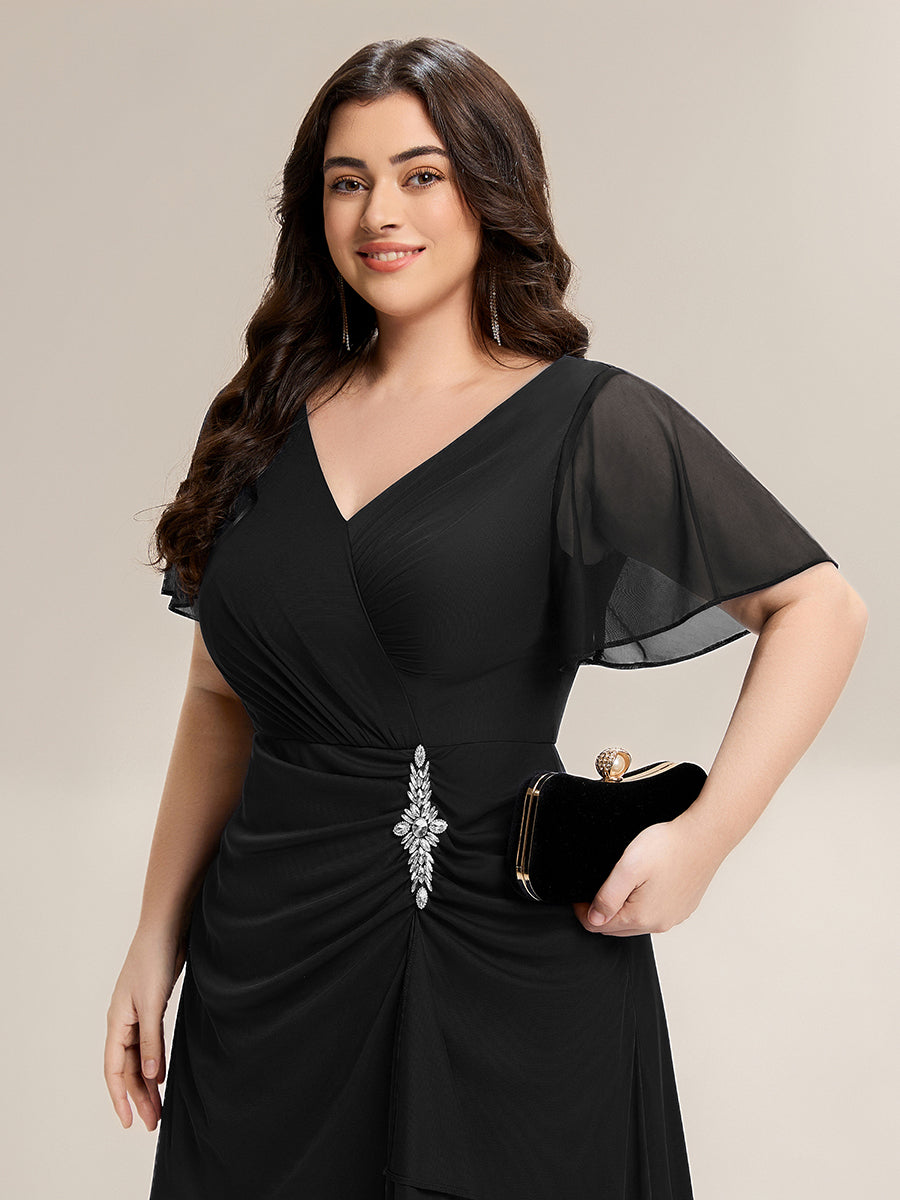 Rhinestone Embellished Chiffon Ruffle Sleeve Mother of the Bride Dress #color_Black