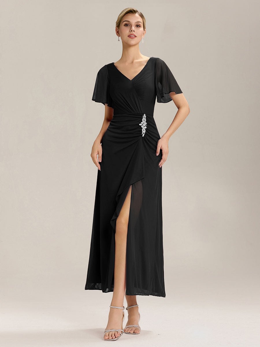 Rhinestone Embellished Chiffon Ruffle Sleeve Mother of the Bride Dress #color_Black