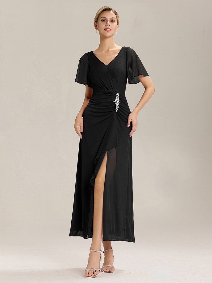 Rhinestone Embellished Chiffon Ruffle Sleeve Mother of the Bride Dress #color_Black