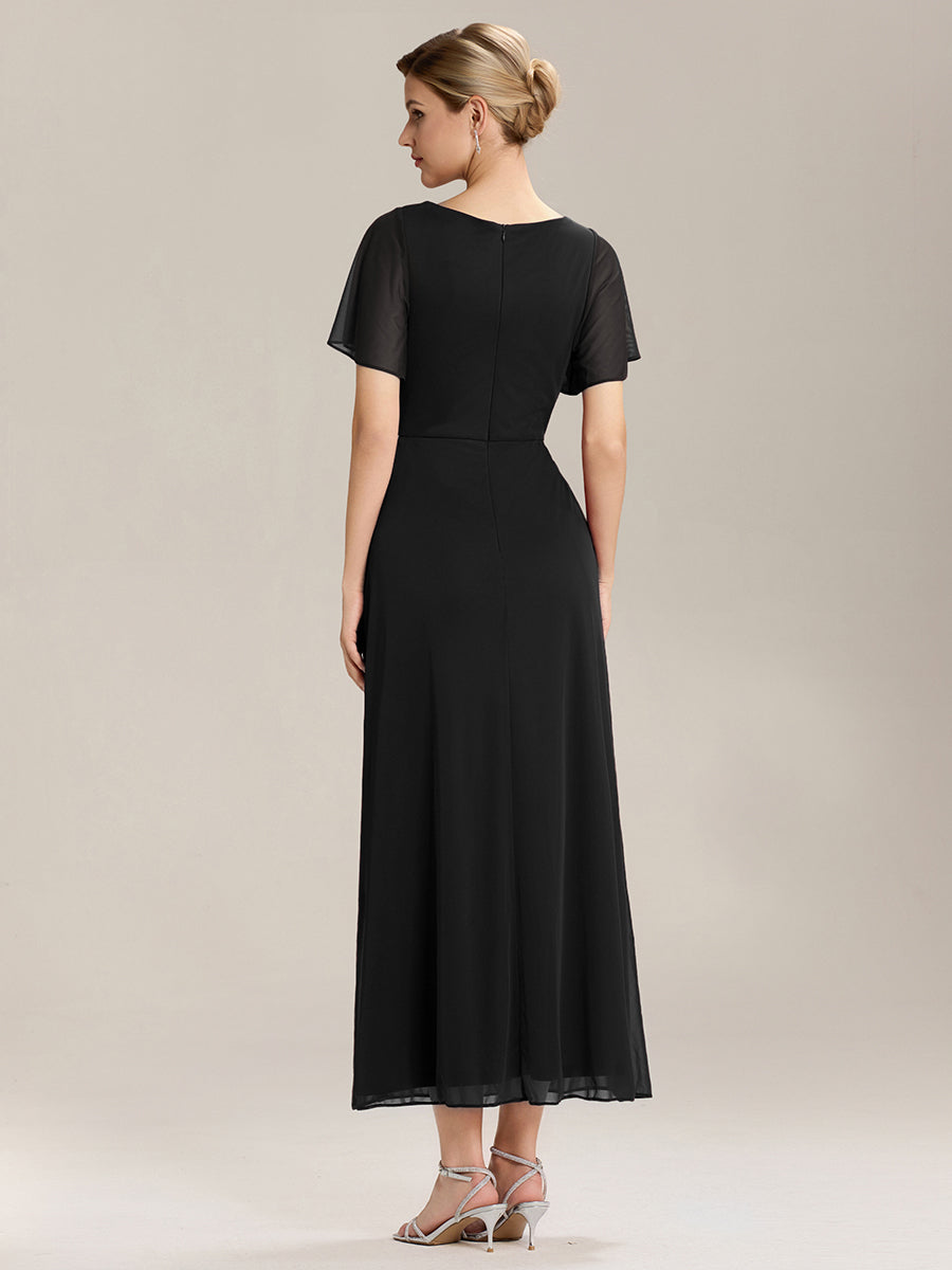 Rhinestone Embellished Chiffon Ruffle Sleeve Mother of the Bride Dress #color_Black