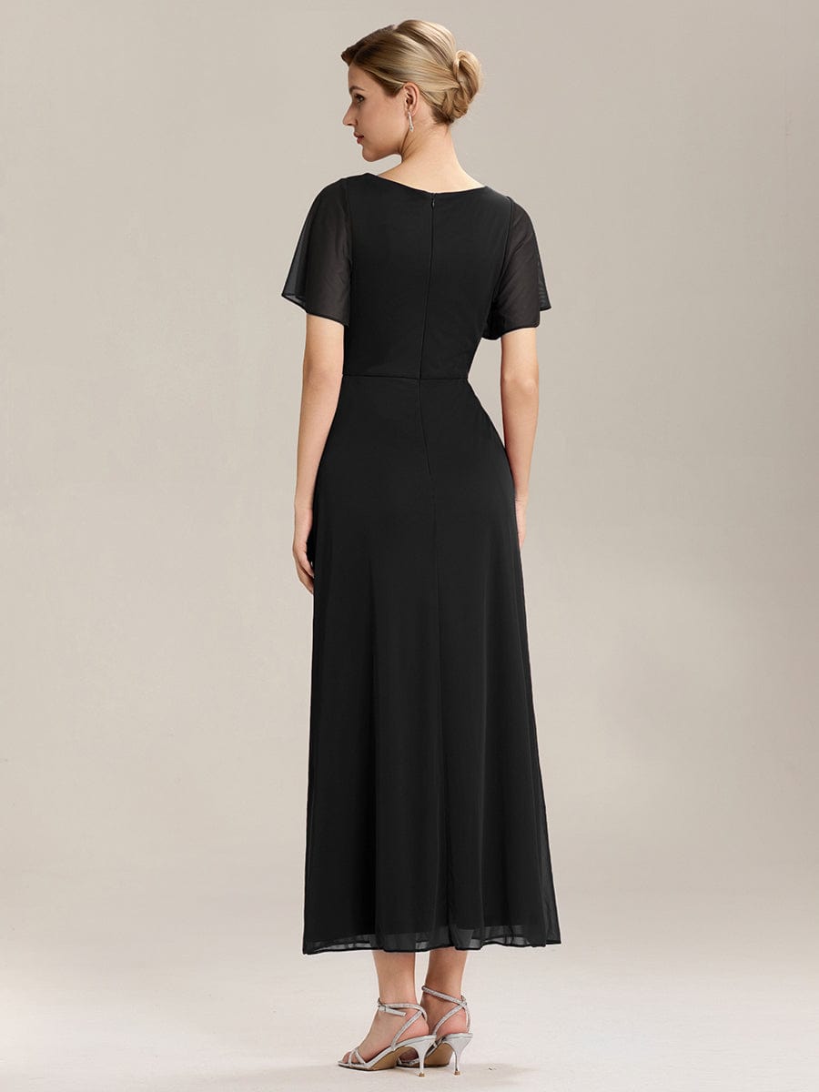 Rhinestone Embellished Chiffon Ruffle Sleeve Mother of the Bride Dress #color_Black