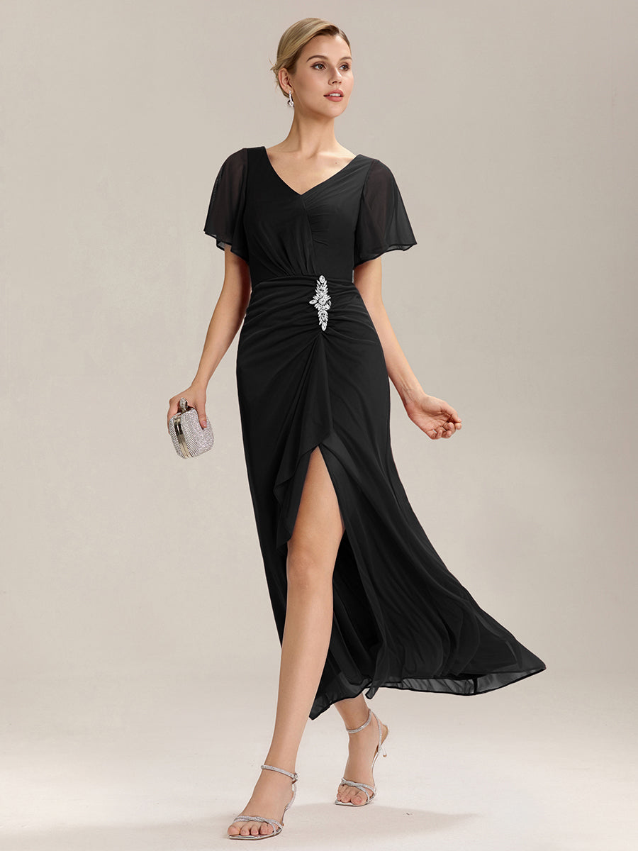 Rhinestone Embellished Chiffon Ruffle Sleeve Mother of the Bride Dress #color_Black
