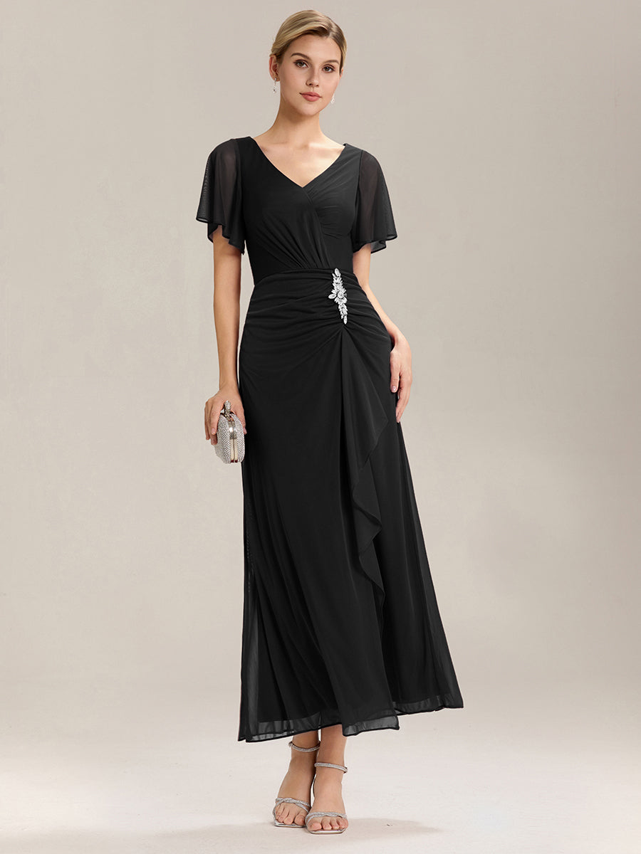 Rhinestone Embellished Chiffon Ruffle Sleeve Mother of the Bride Dress #color_Black