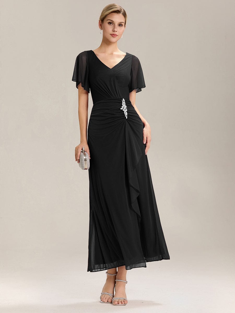 Rhinestone Embellished Chiffon Ruffle Sleeve Mother of the Bride Dress #color_Black