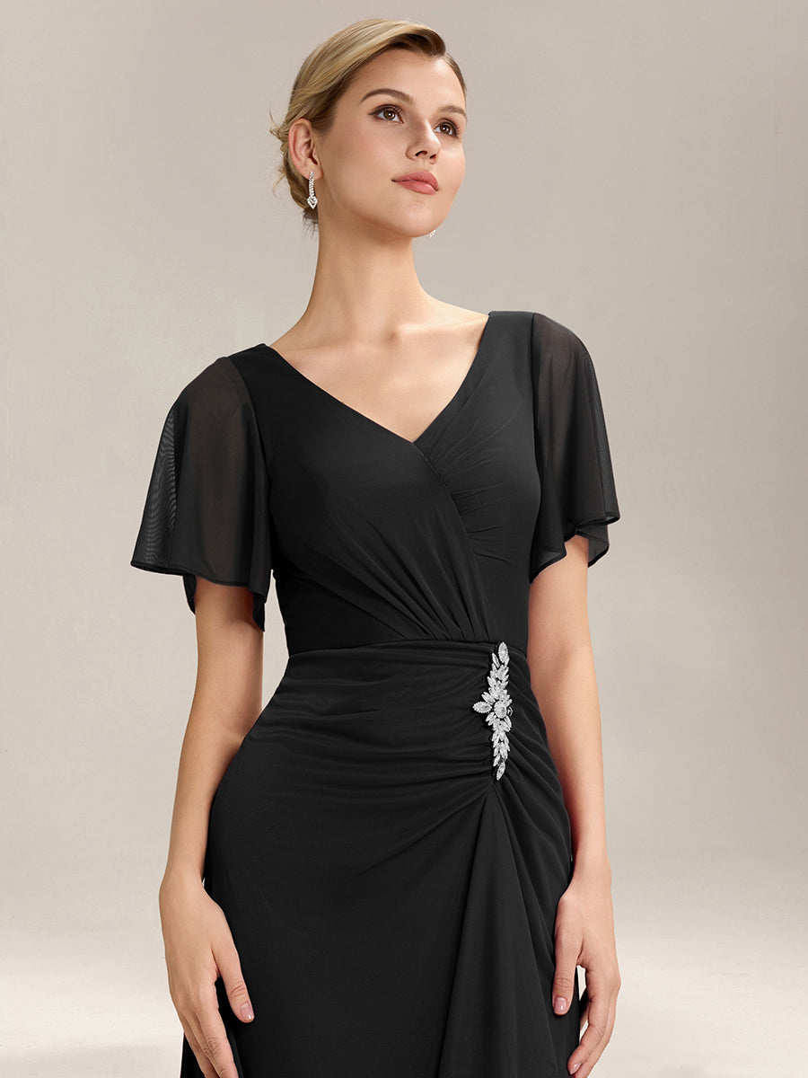 Rhinestone Embellished Chiffon Ruffle Sleeve Mother of the Bride Dress #color_Black