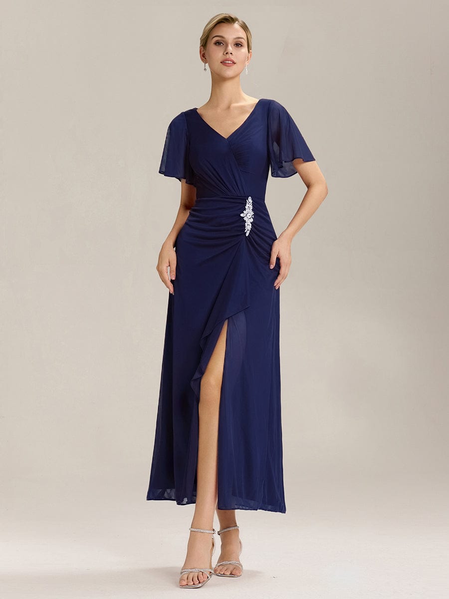 Rhinestone Embellished Chiffon Ruffle Sleeve Mother of the Bride Dress #color_Navy Blue