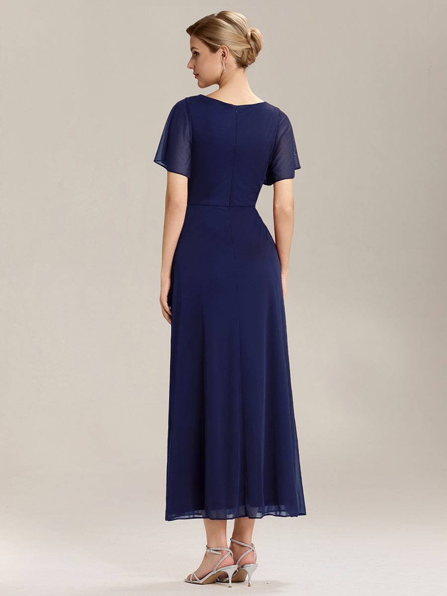 Rhinestone Embellished Chiffon Ruffle Sleeve Mother of the Bride Dress #color_Navy Blue
