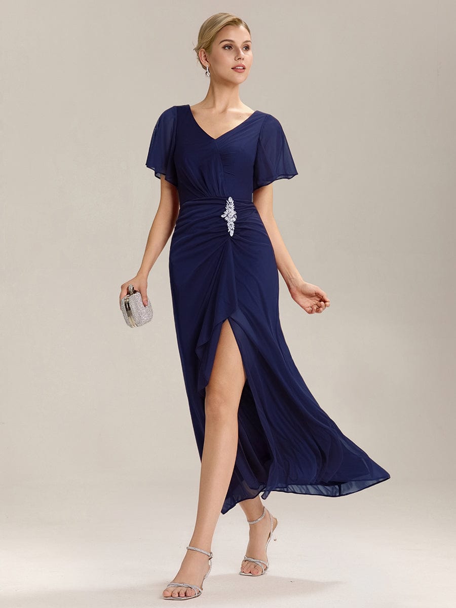 Rhinestone Embellished Chiffon Ruffle Sleeve Mother of the Bride Dress #color_Navy Blue