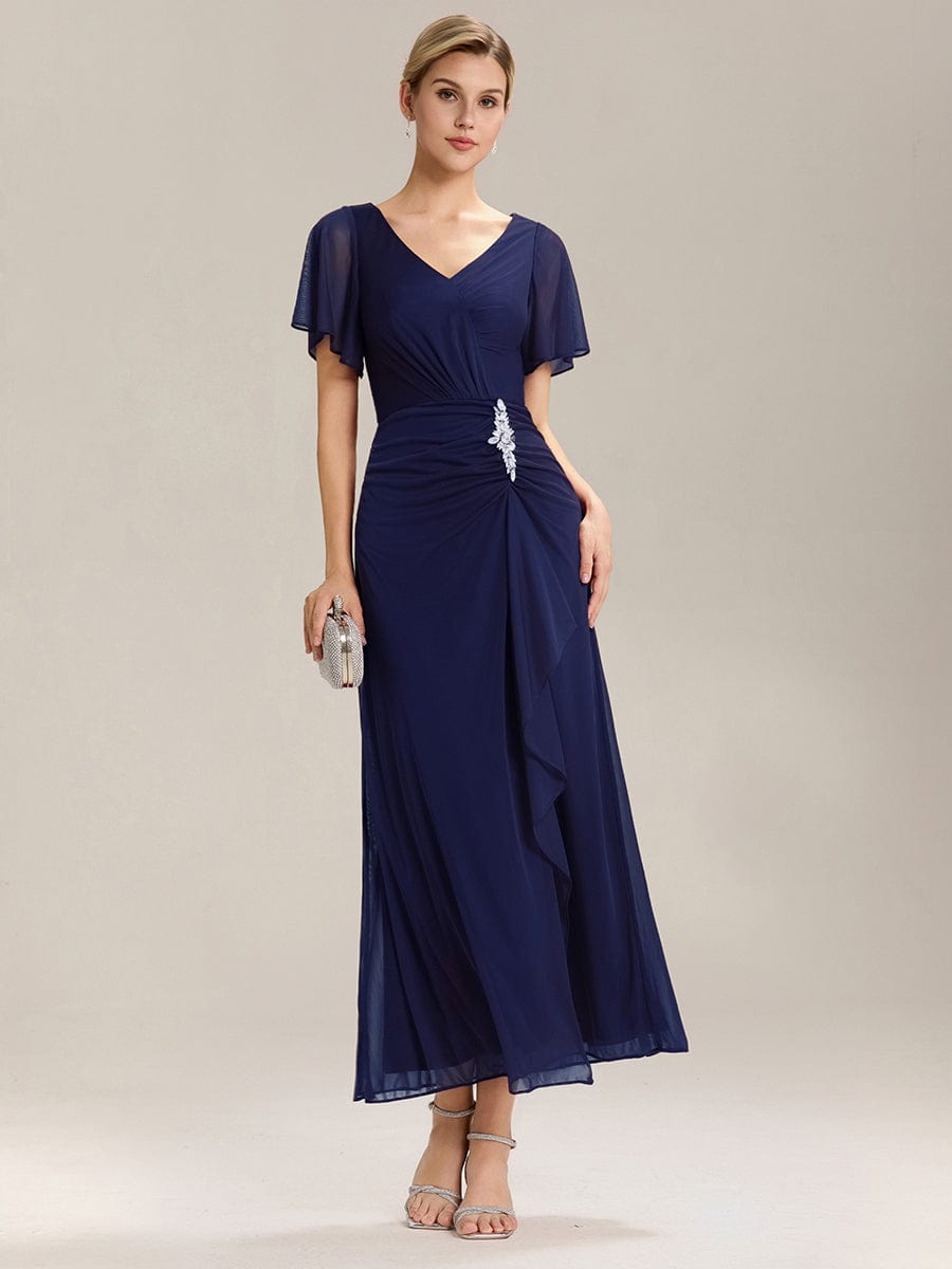 Rhinestone Embellished Chiffon Ruffle Sleeve Mother of the Bride Dress #color_Navy Blue