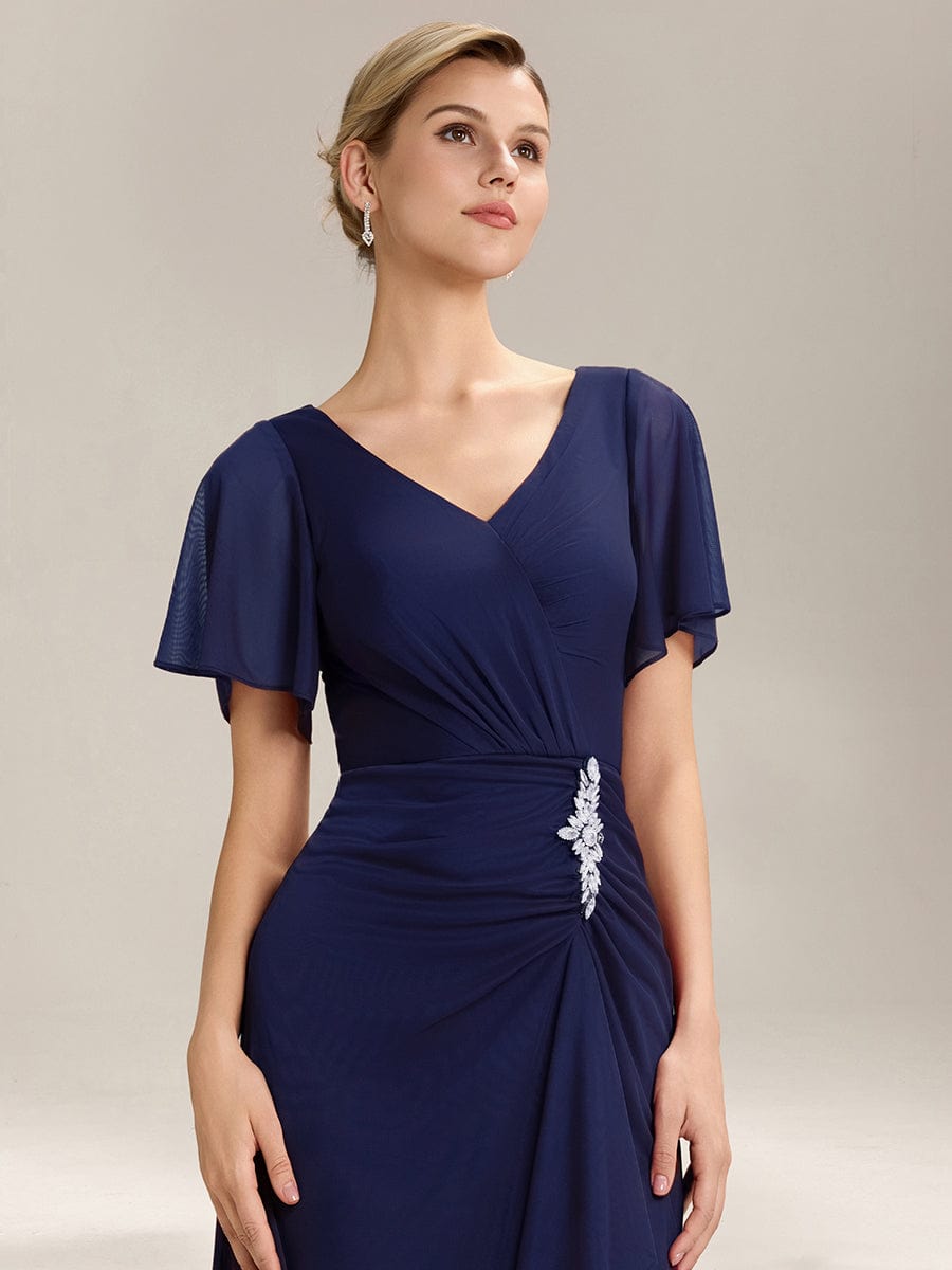 Rhinestone Embellished Chiffon Ruffle Sleeve Mother of the Bride Dress #color_Navy Blue