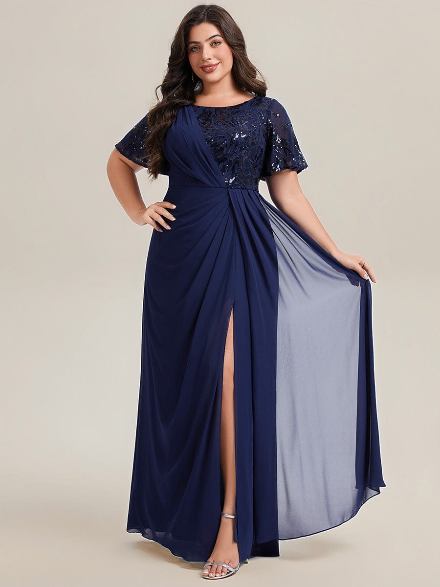 Plus Size Flowing Ribbons Chiffon Dress #color_Navy Blue