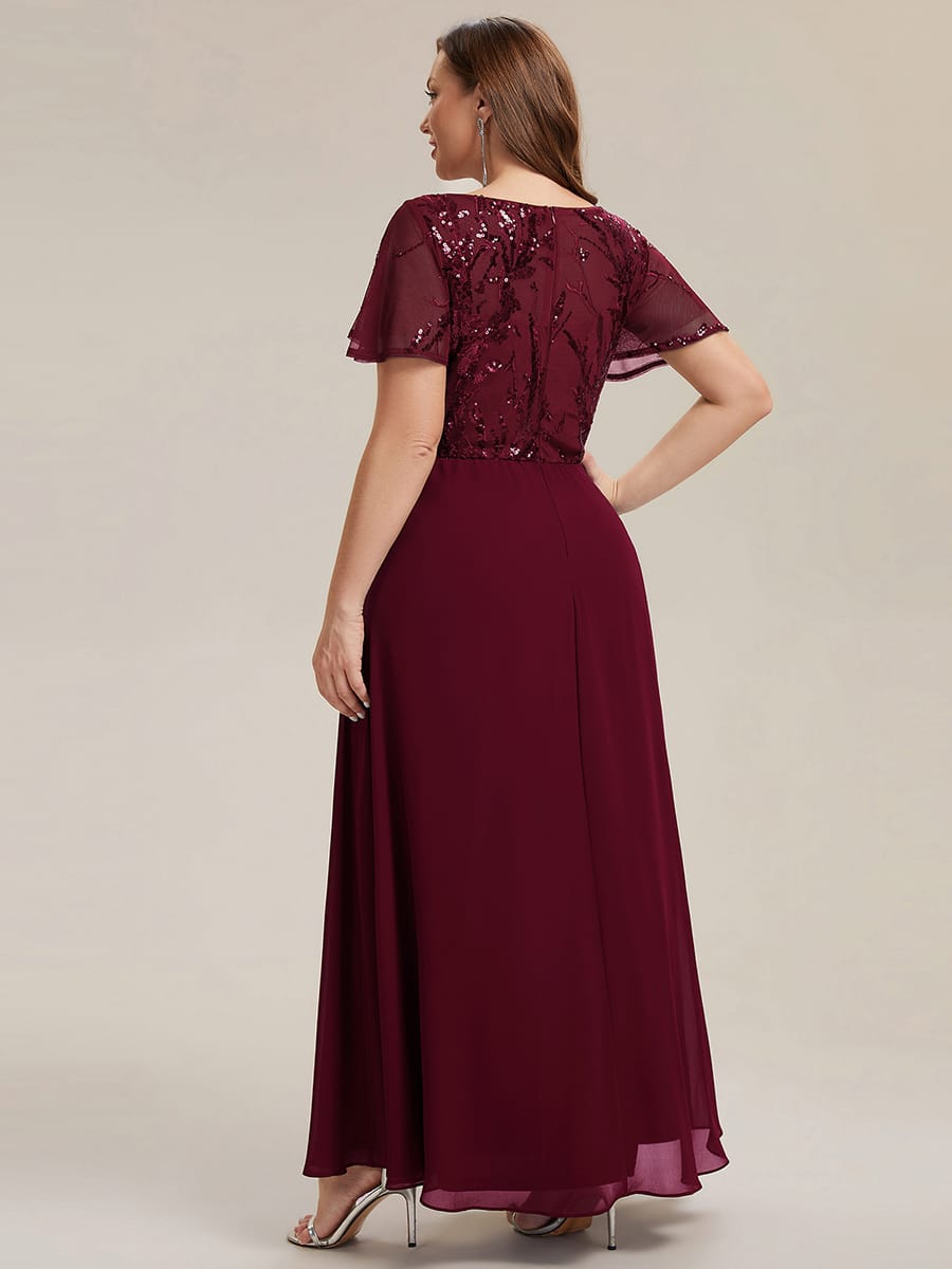Applique Sequin Ruffle Sleeve Dress #color_Burgundy