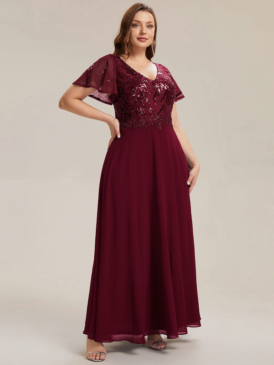 Applique Sequin Ruffle Sleeve Dress #color_Burgundy