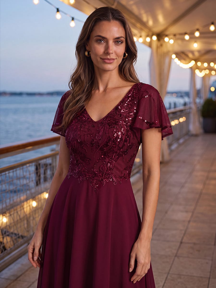 Applique Sequin Ruffle Sleeve Dress #color_Burgundy