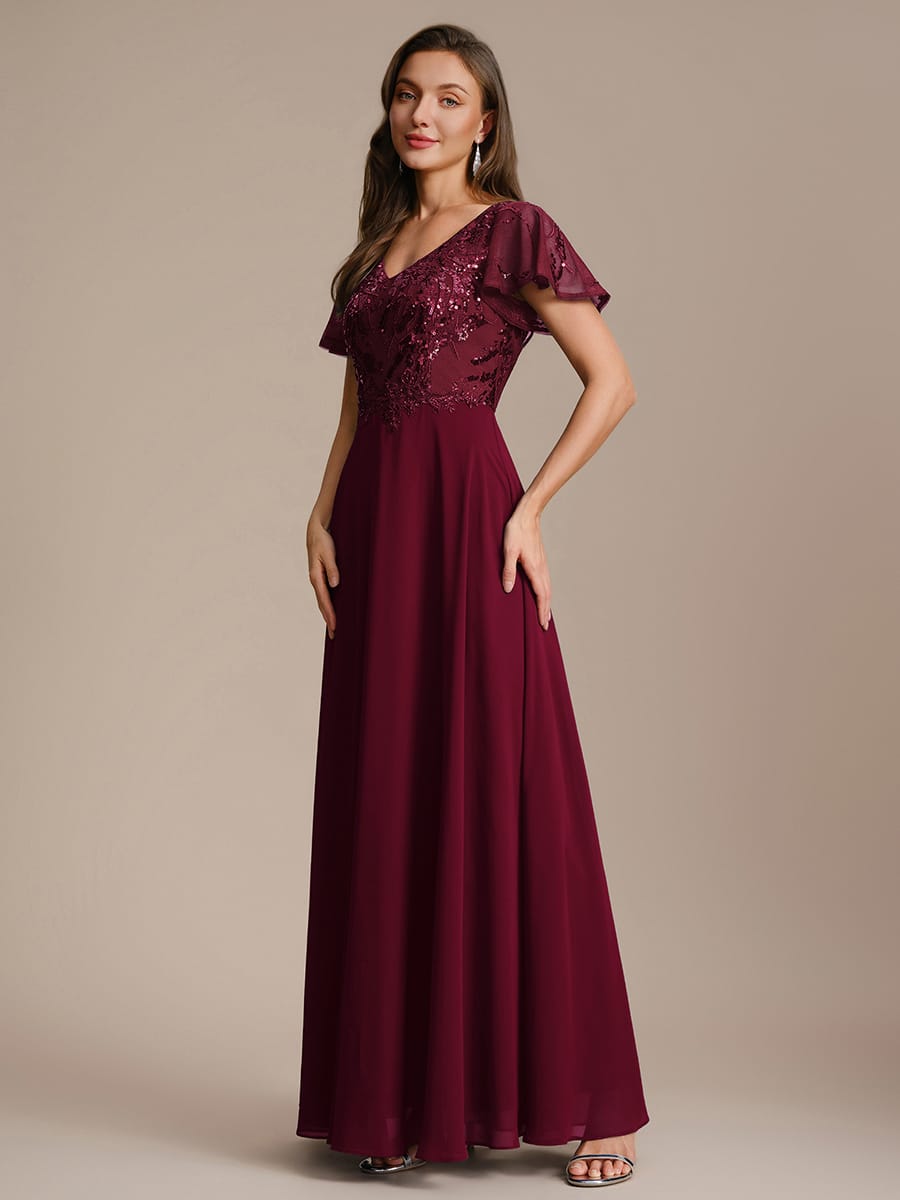 Applique Sequin Ruffle Sleeve Dress #color_Burgundy