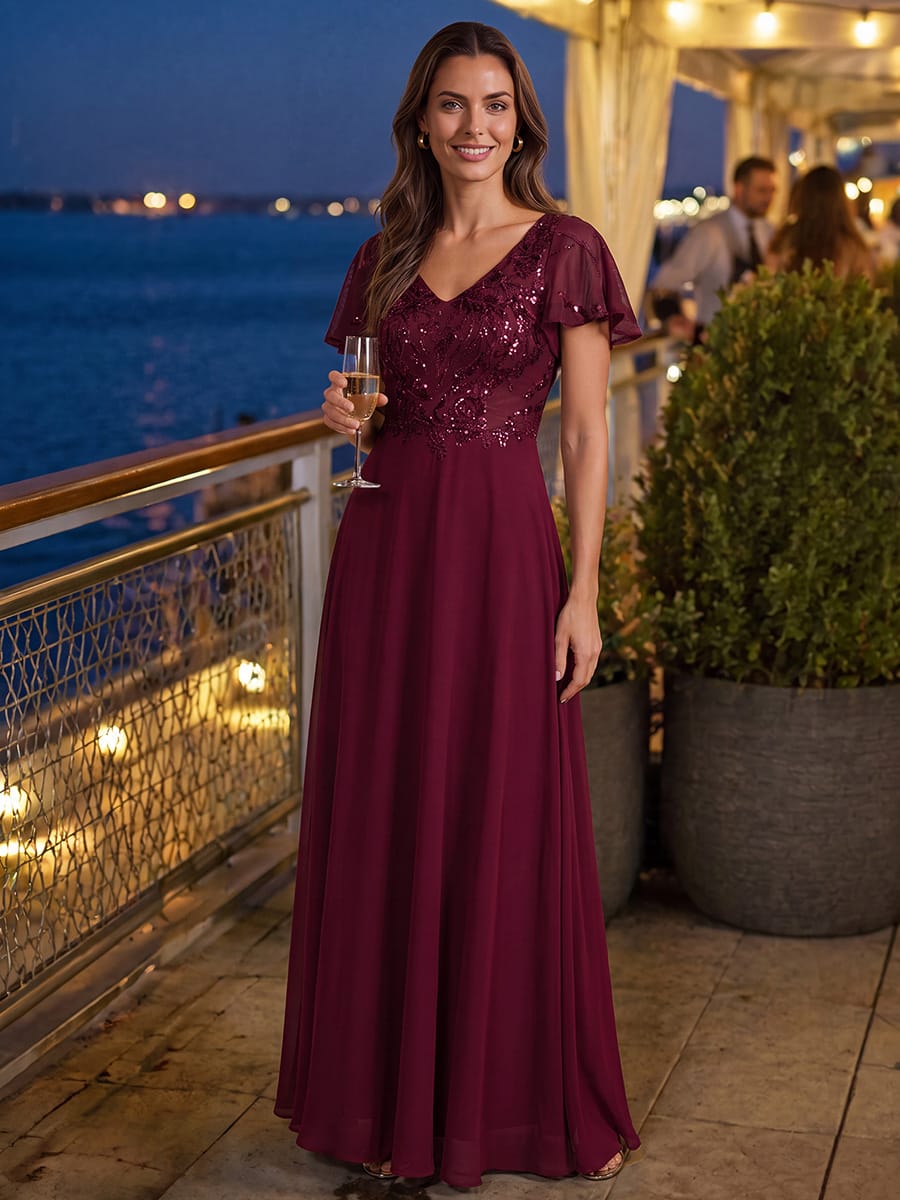 Applique Sequin Ruffle Sleeve Dress #color_Burgundy