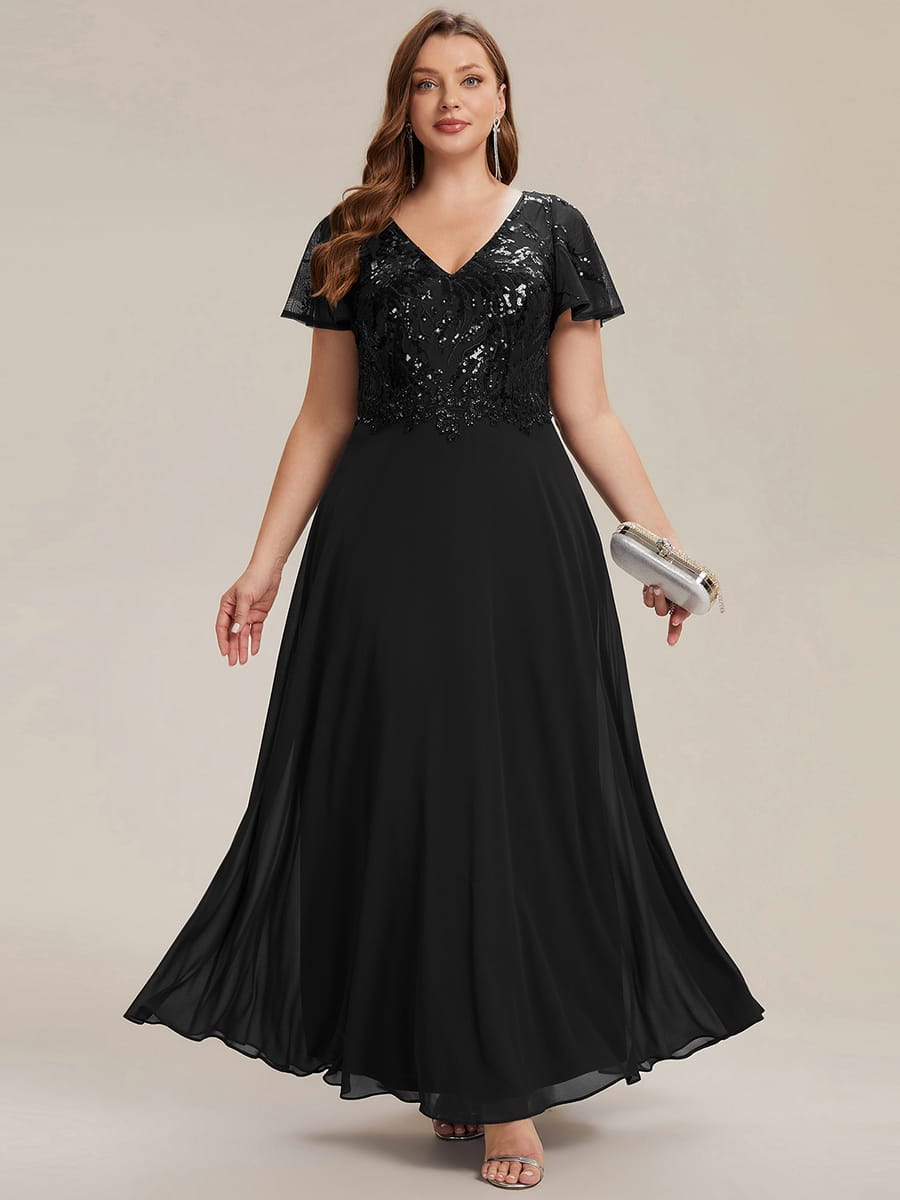 Applique Sequin Ruffle Sleeve Dress #color_Black