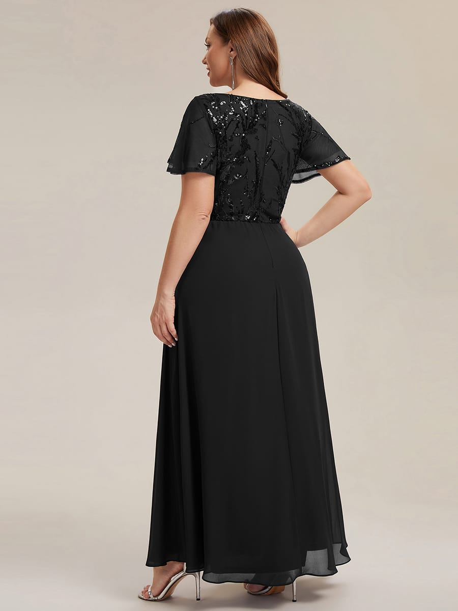 Applique Sequin Ruffle Sleeve Dress #color_Black
