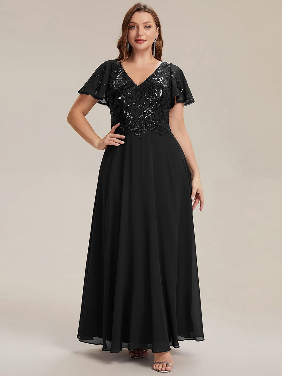 Applique Sequin Ruffle Sleeve Dress #color_Black