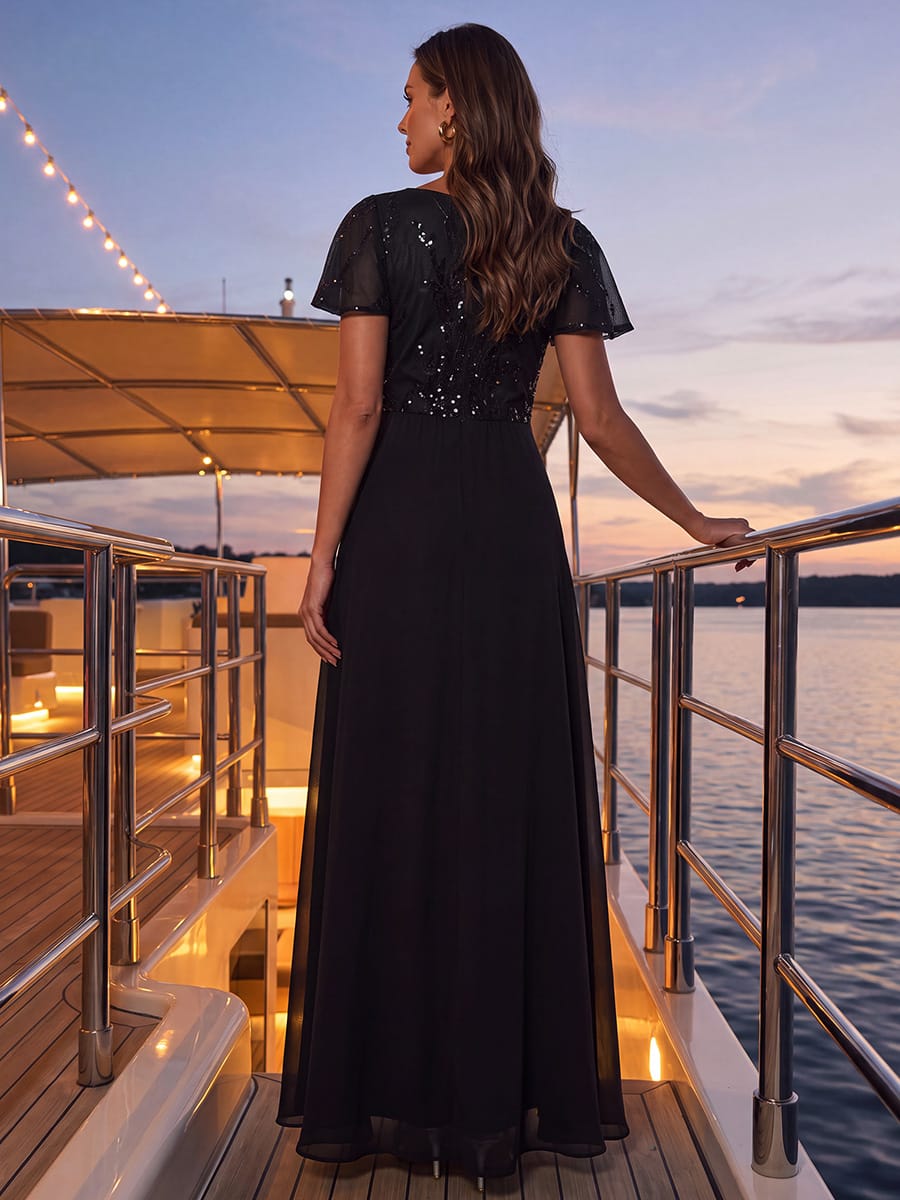 Applique Sequin Ruffle Sleeve Dress #color_Black
