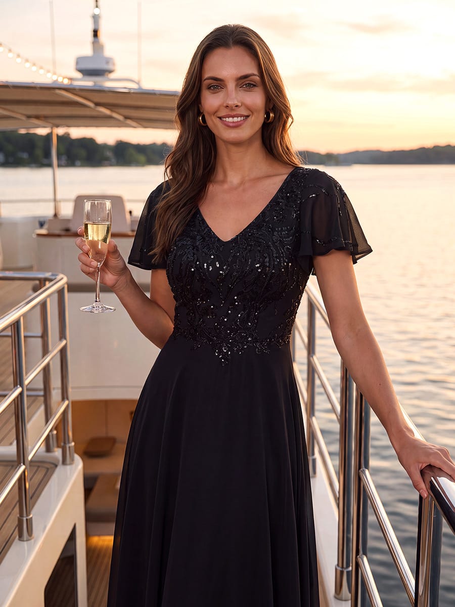 Applique Sequin Ruffle Sleeve Dress #color_Black