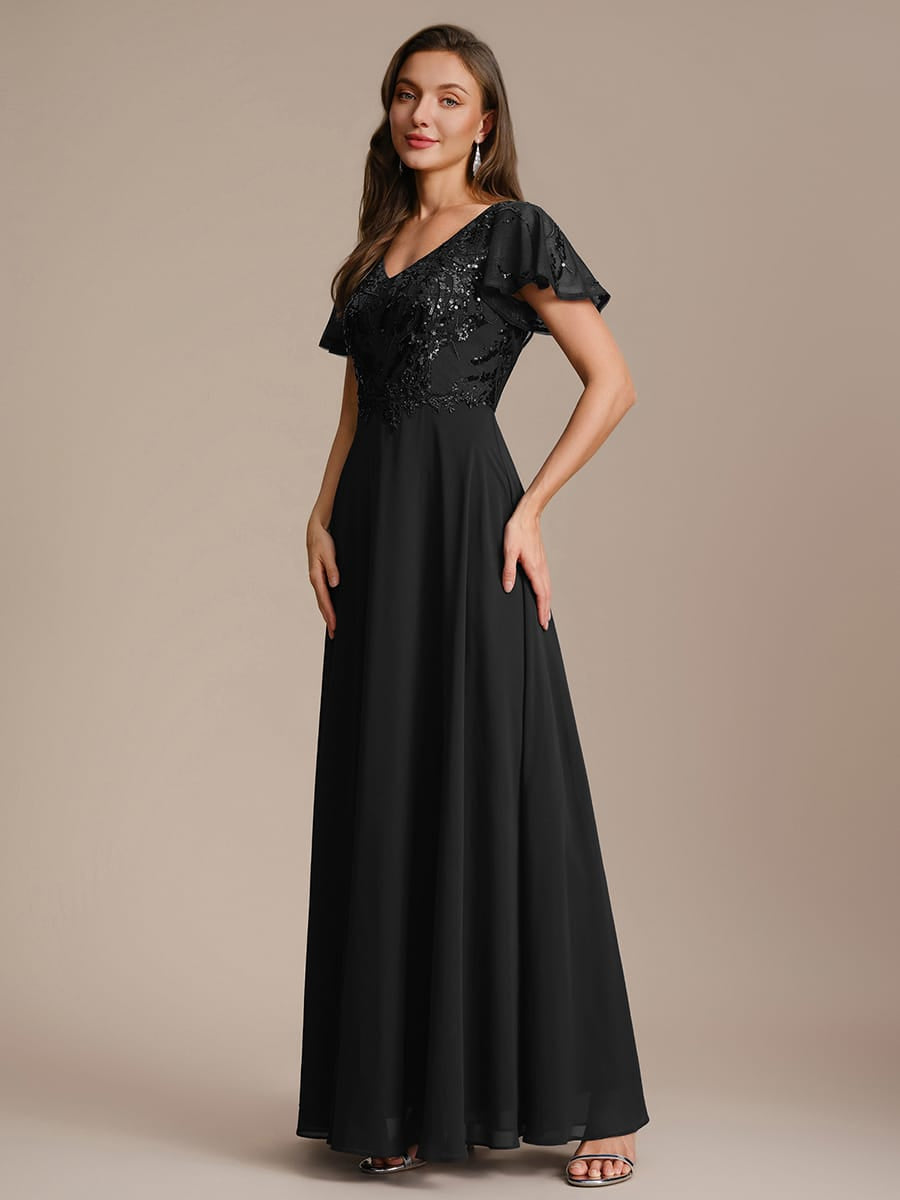 Applique Sequin Ruffle Sleeve Dress #color_Black
