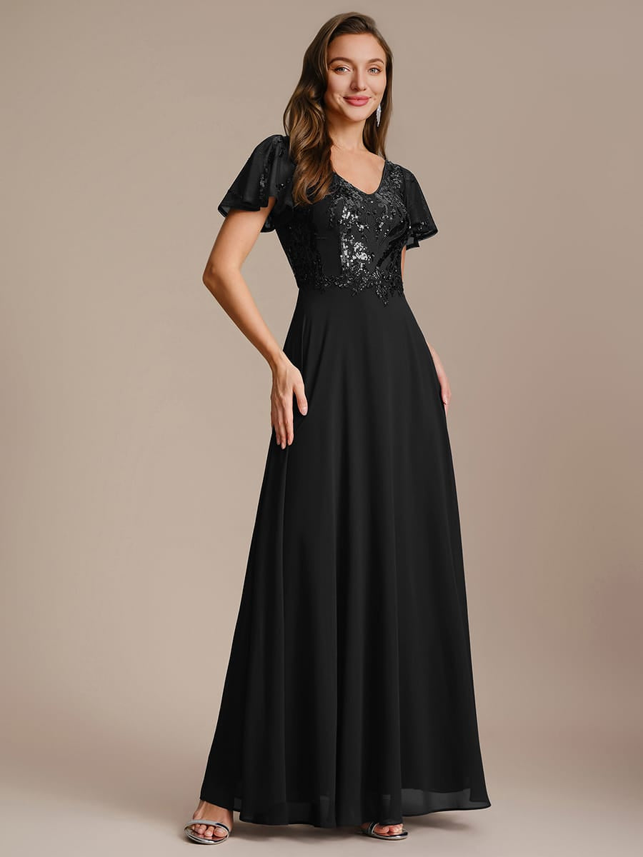 Applique Sequin Ruffle Sleeve Dress #color_Black