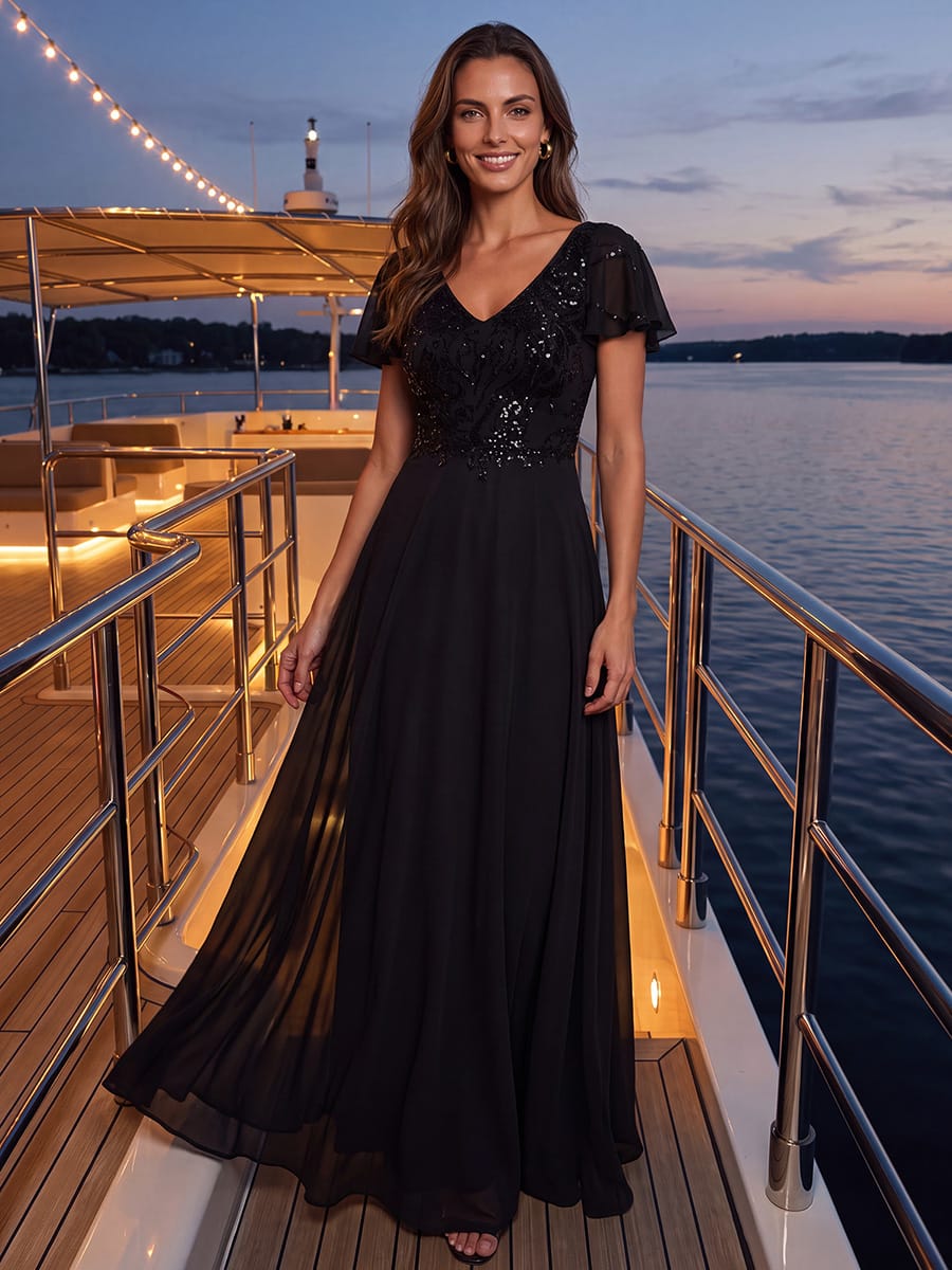 Applique Sequin Ruffle Sleeve Dress #color_Black