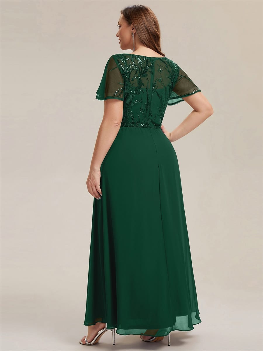 Applique Sequin Ruffle Sleeve Dress #color_Dark Green