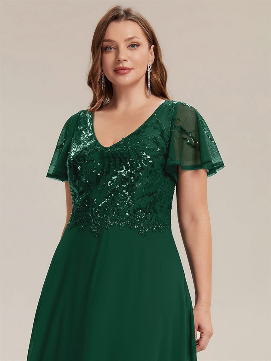 Applique Sequin Ruffle Sleeve Dress #color_Dark Green
