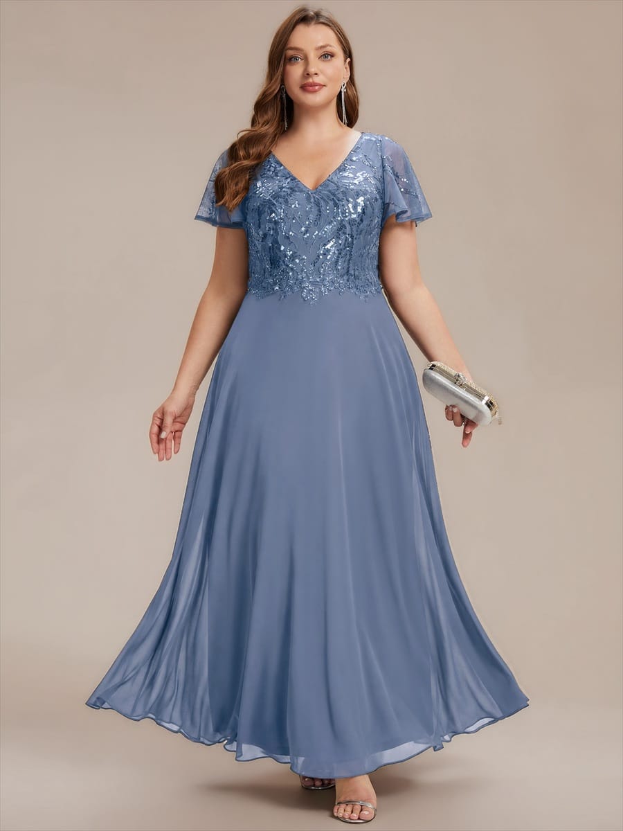 Applique Sequin Ruffle Sleeve Dress #color_Dusty Blue