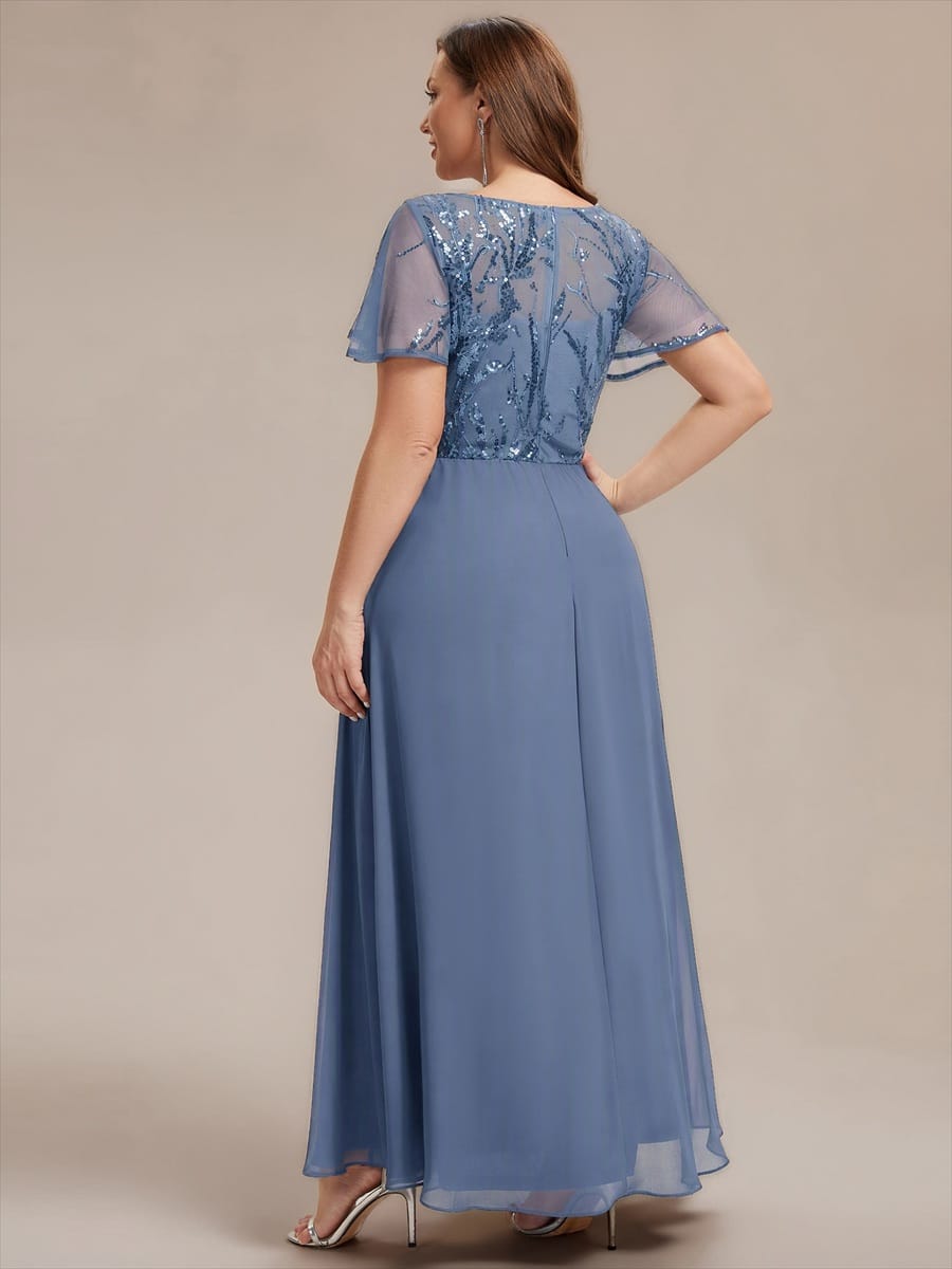 Applique Sequin Ruffle Sleeve Dress #color_Dusty Blue