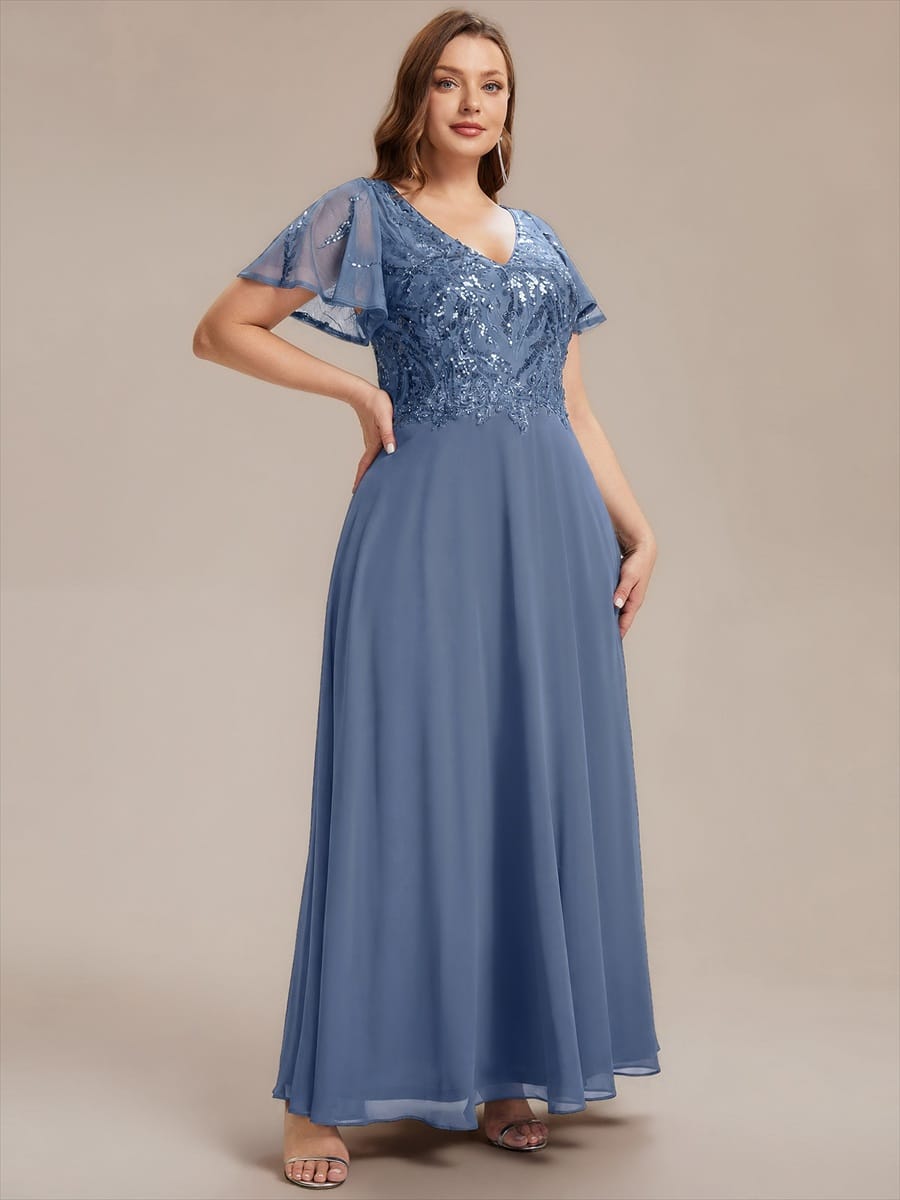 Applique Sequin Ruffle Sleeve Dress #color_Dusty Blue