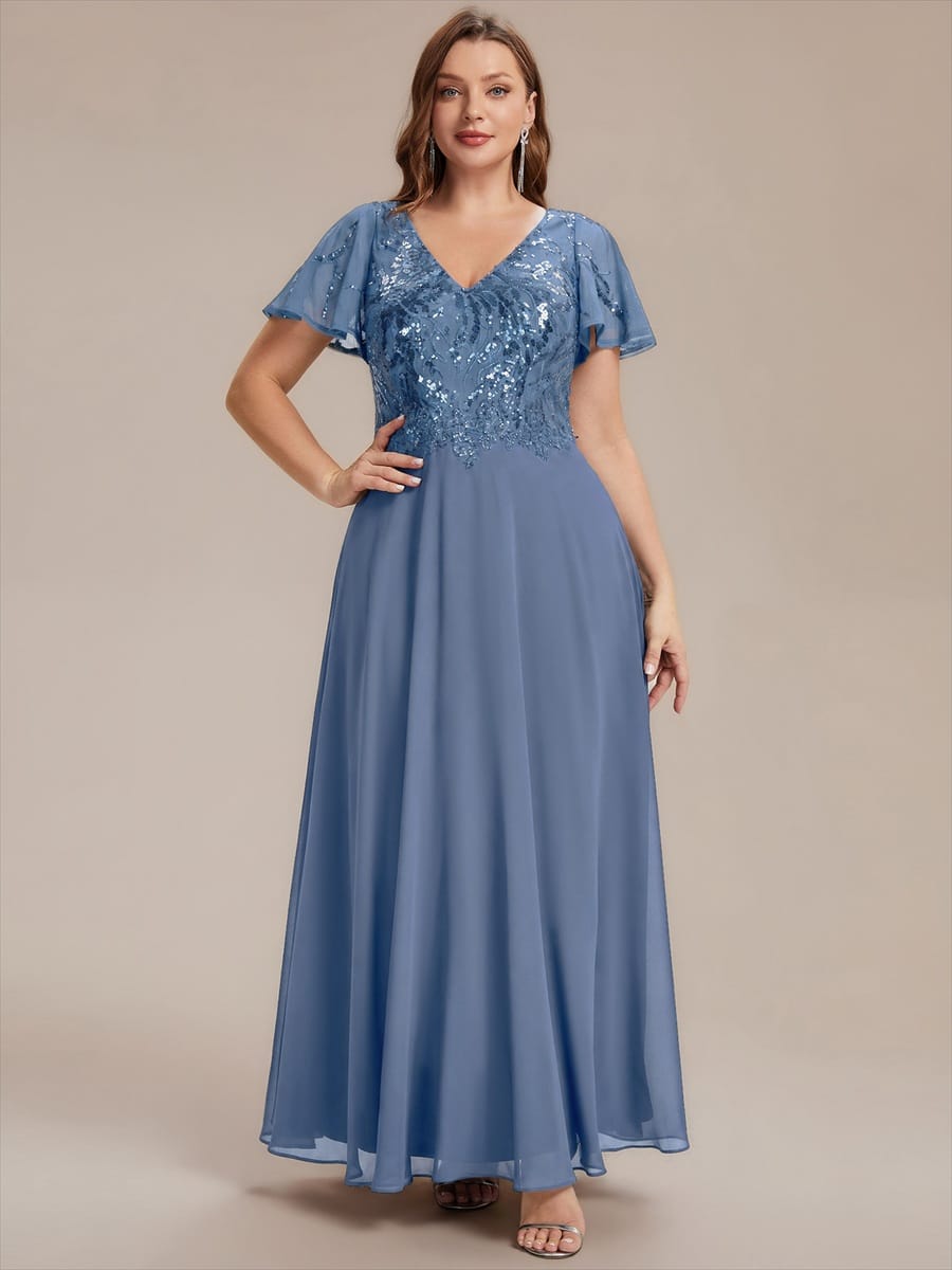 Applique Sequin Ruffle Sleeve Dress #color_Dusty Blue