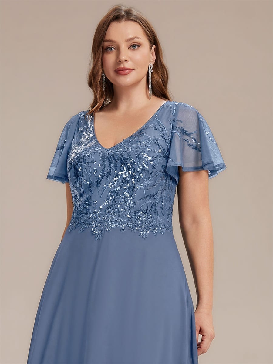 Applique Sequin Ruffle Sleeve Dress #color_Dusty Blue