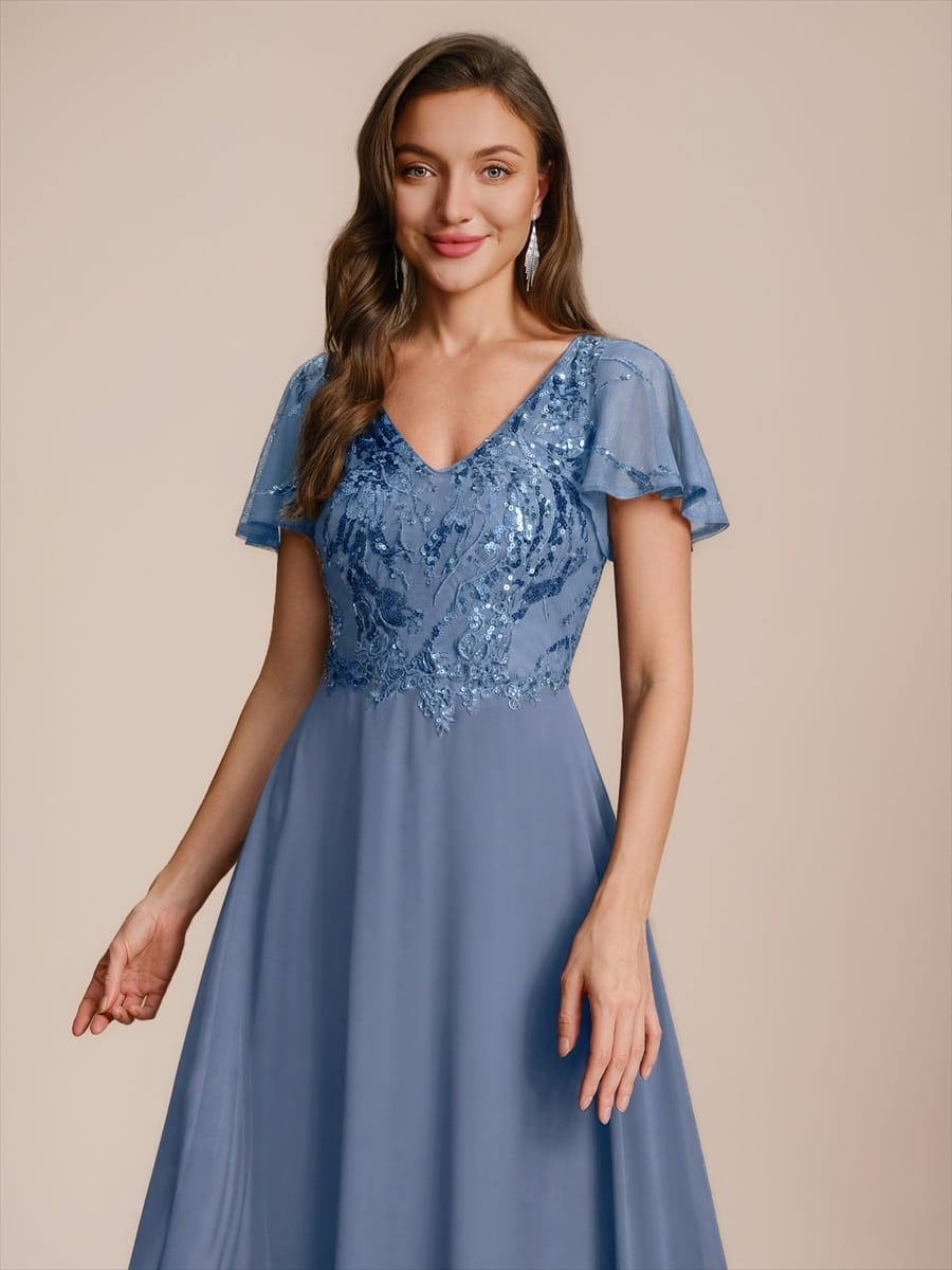 Applique Sequin Ruffle Sleeve Dress #color_Dusty Blue