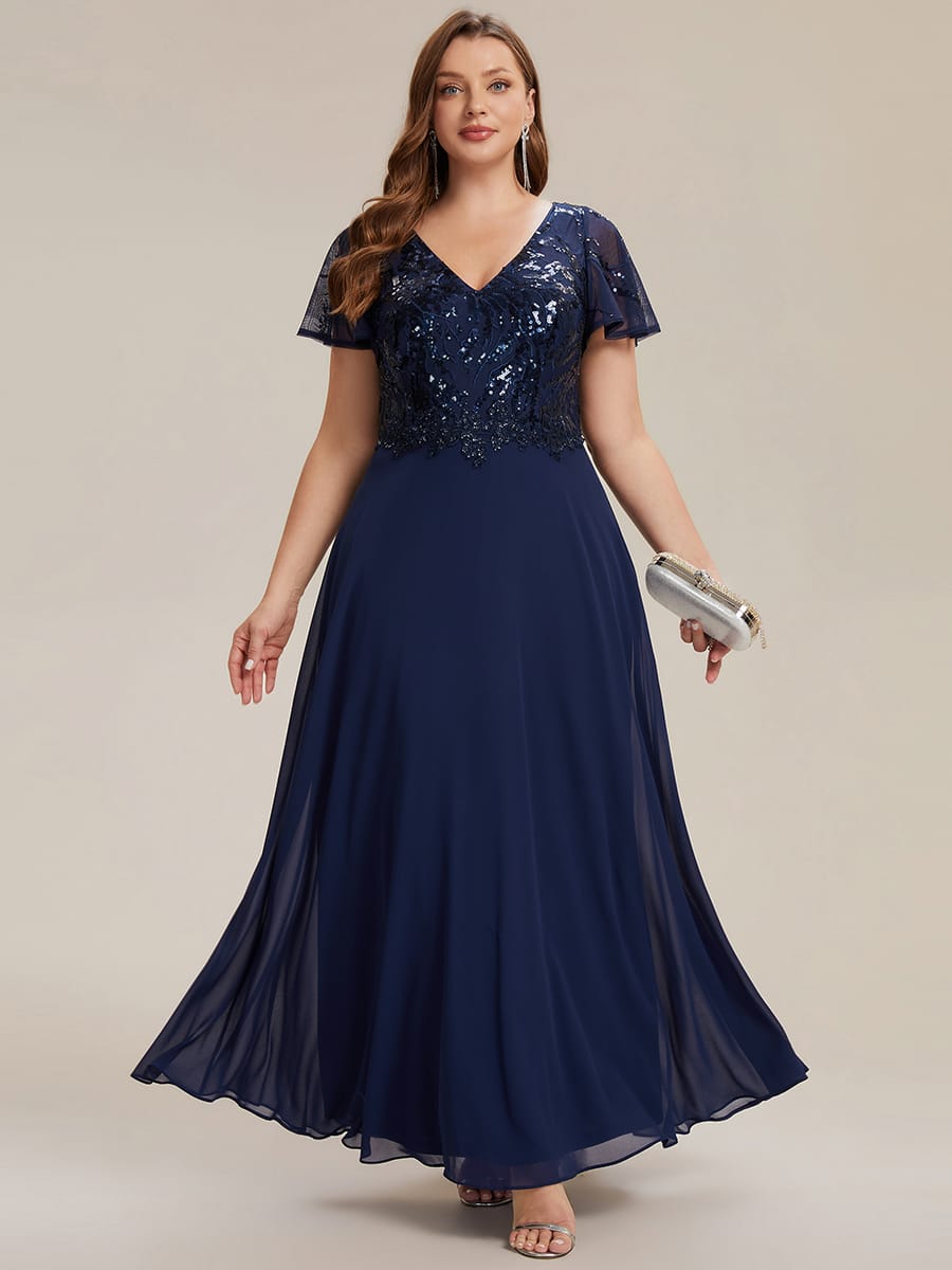 Applique Sequin Ruffle Sleeve Dress #color_Navy Blue