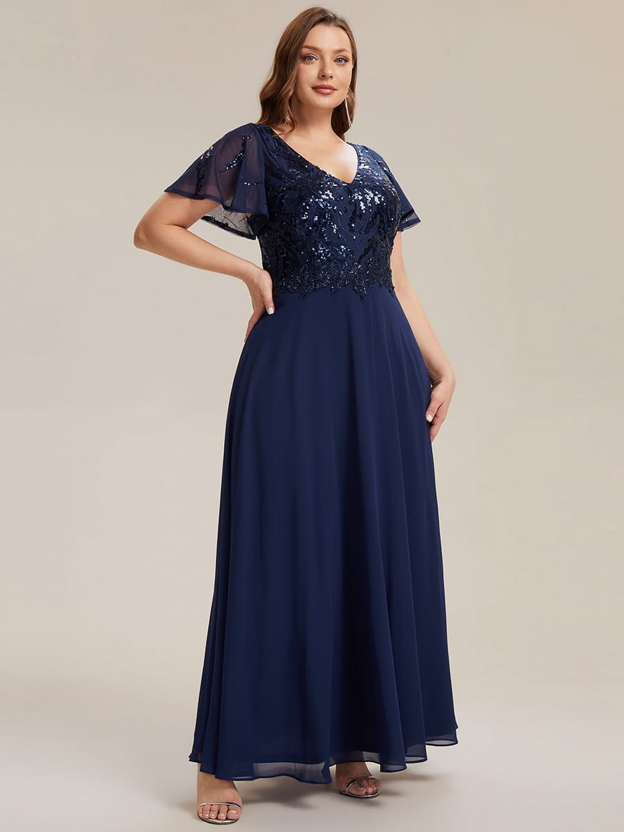 Applique Sequin Ruffle Sleeve Dress #color_Navy Blue