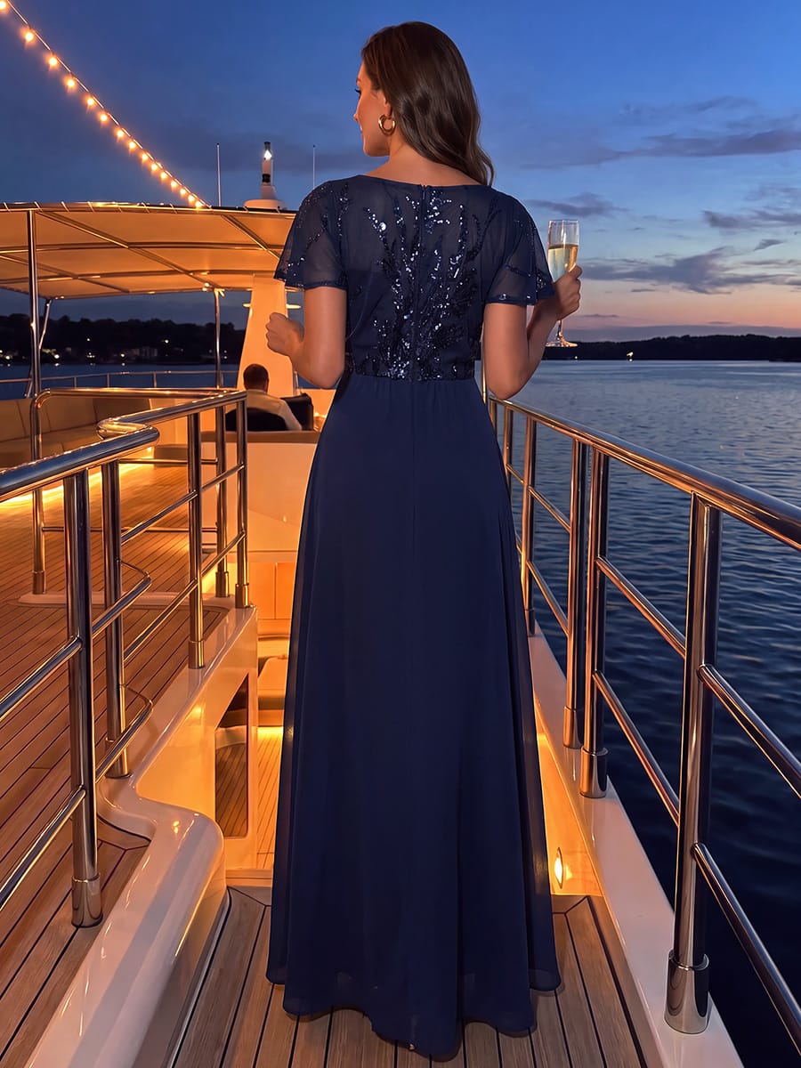 Applique Sequin Ruffle Sleeve Dress #color_Navy Blue