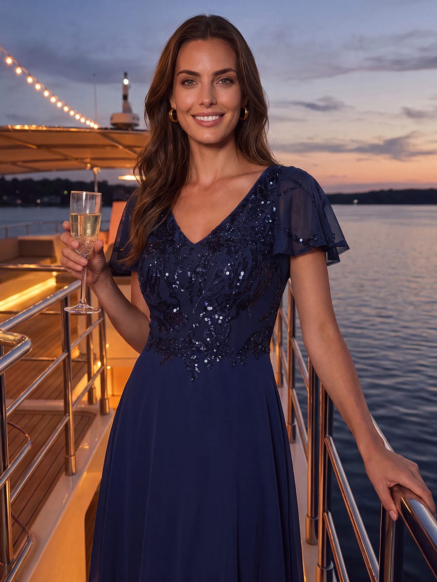 Applique Sequin Ruffle Sleeve Dress #color_Navy Blue