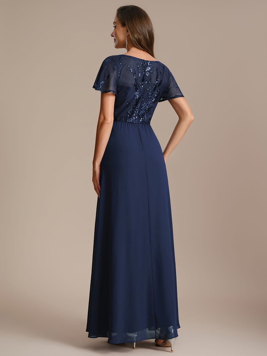 Applique Sequin Ruffle Sleeve Dress #color_Navy Blue