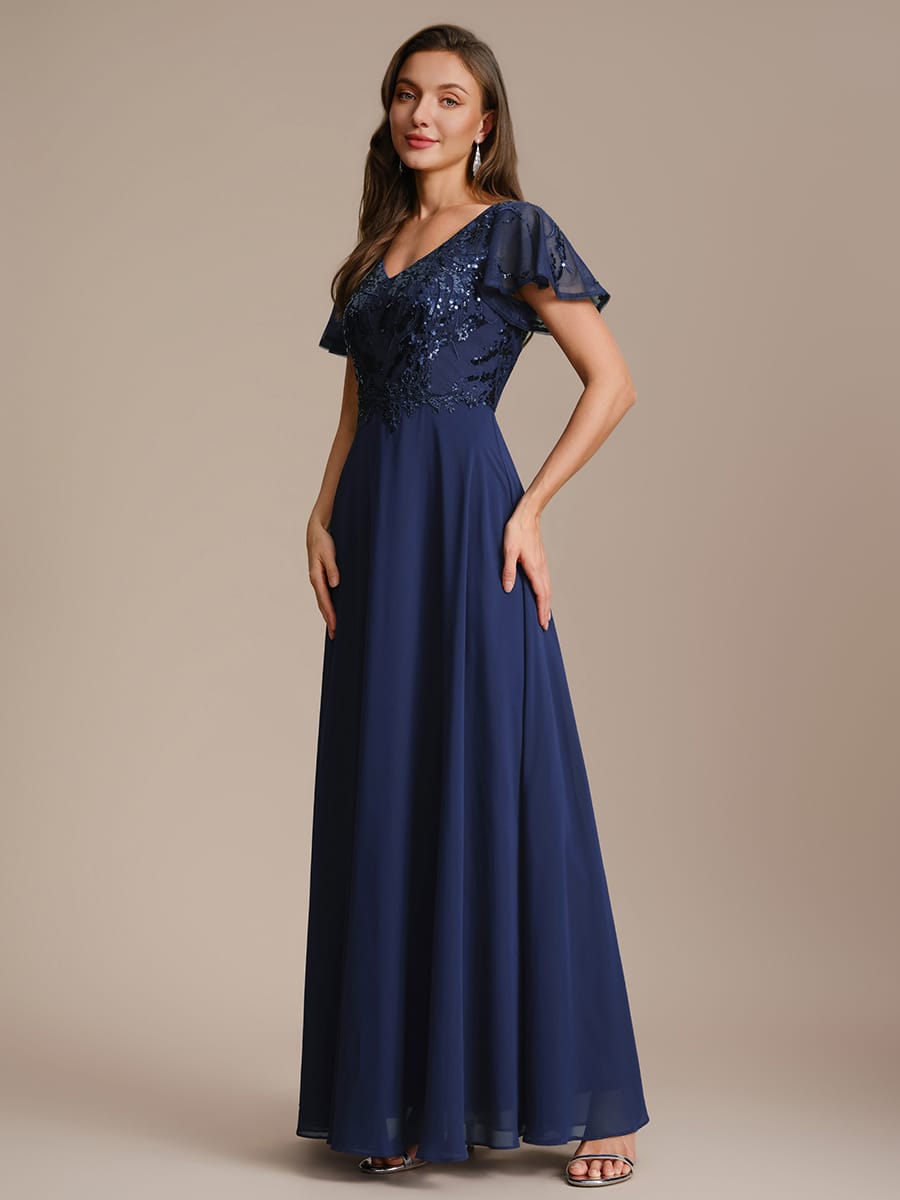 Applique Sequin Ruffle Sleeve Dress #color_Navy Blue