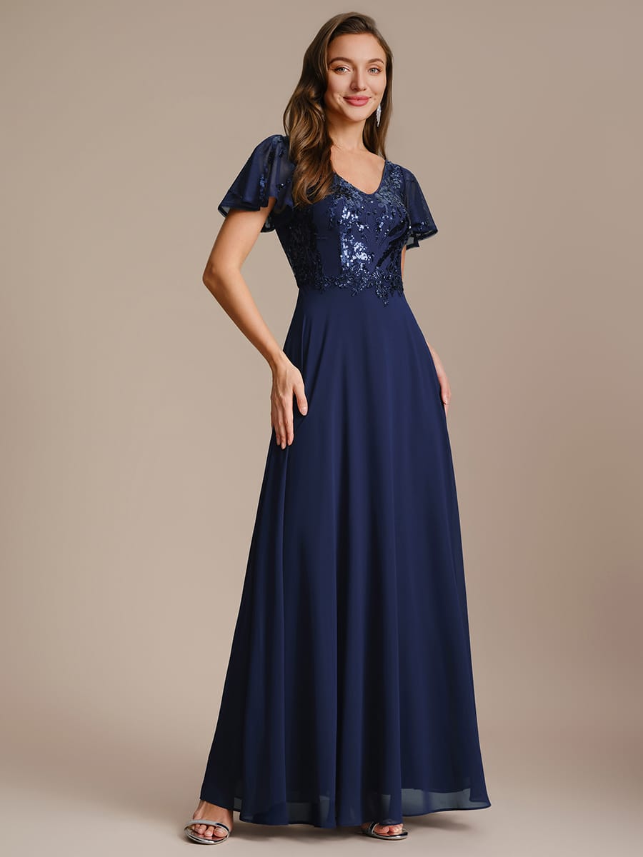 Applique Sequin Ruffle Sleeve Dress #color_Navy Blue