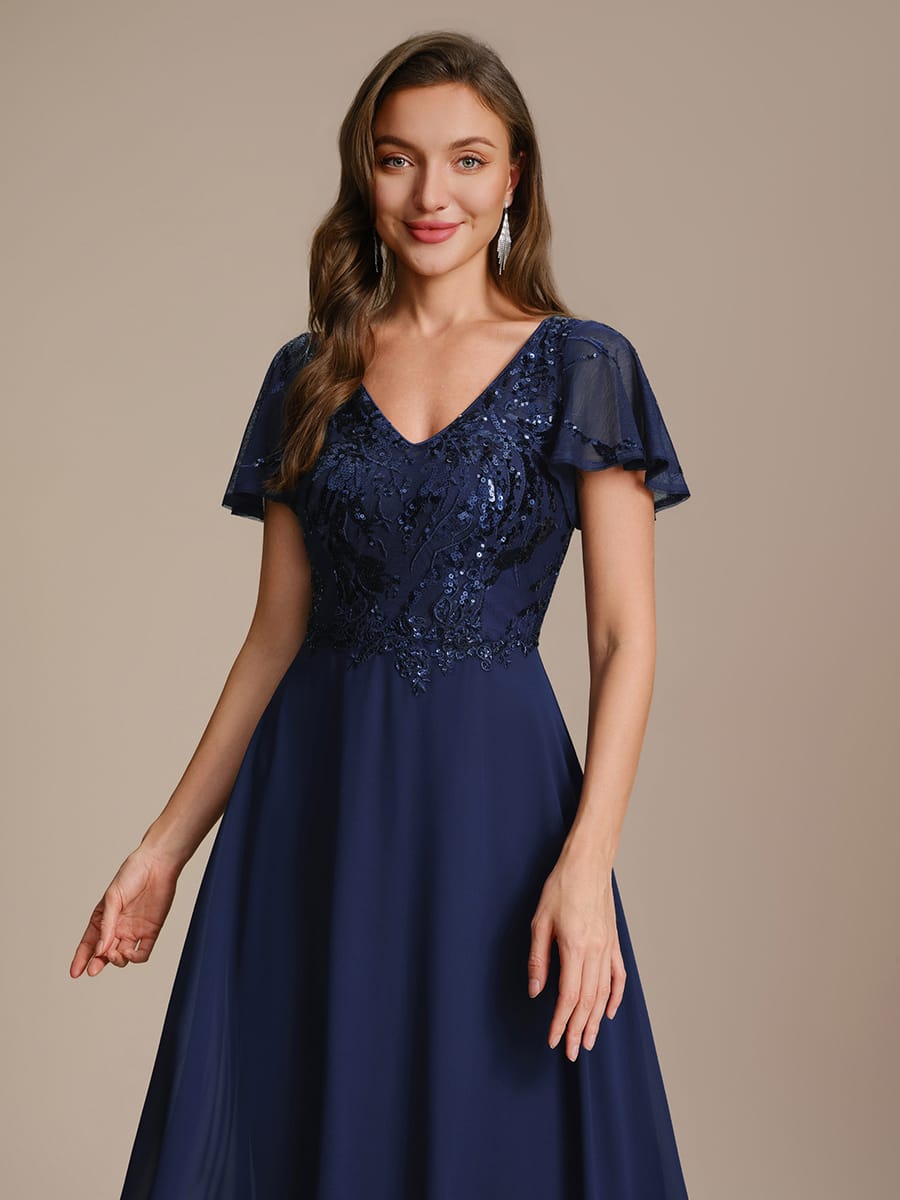Applique Sequin Ruffle Sleeve Dress #color_Navy Blue