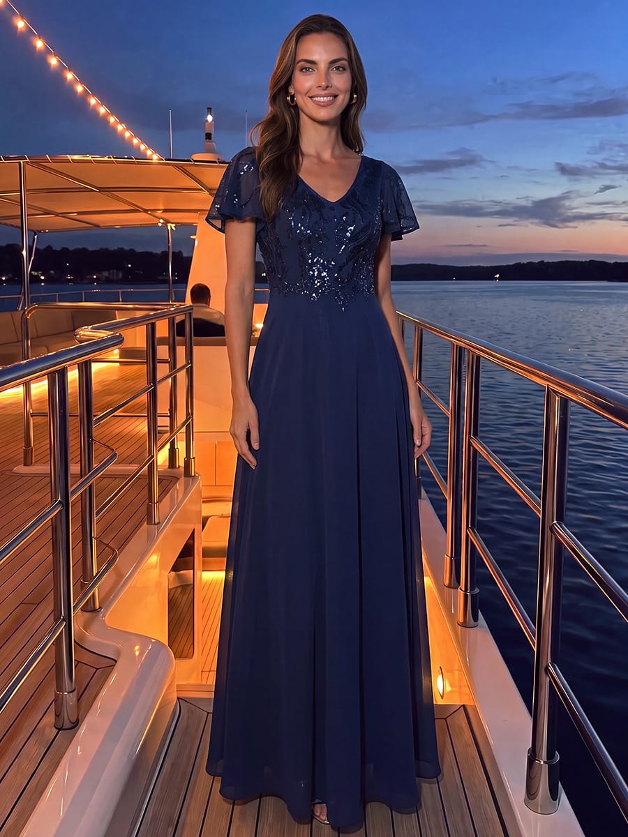 Applique Sequin Ruffle Sleeve Dress #color_Navy Blue