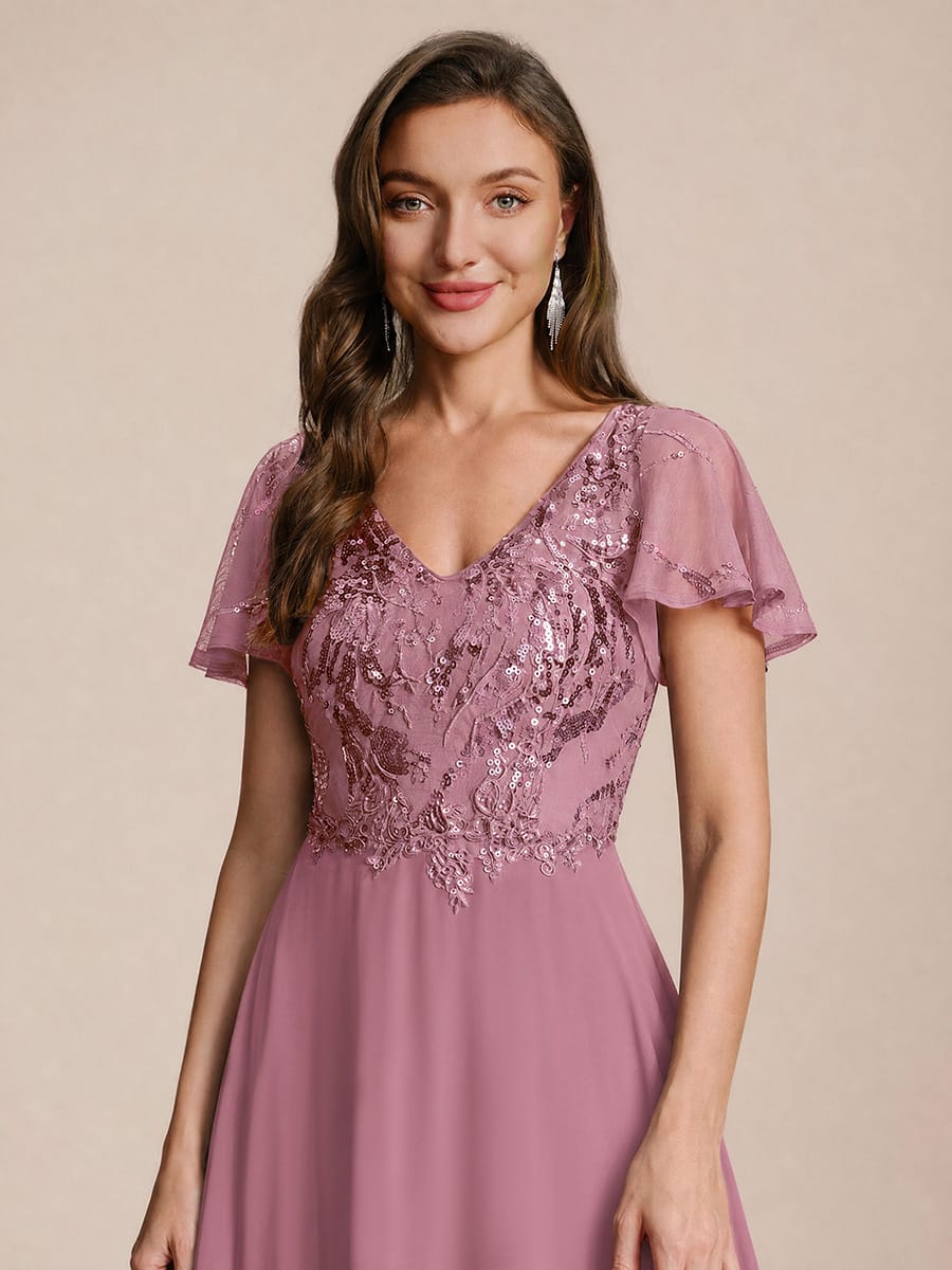 Applique Sequin Ruffle Sleeve Dress #color_Purple Orchid