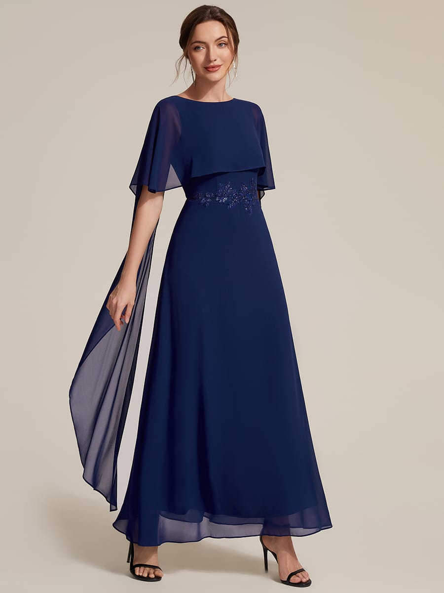 Chiffon Cape Sleeve A-line Dress #color_Navy Blue