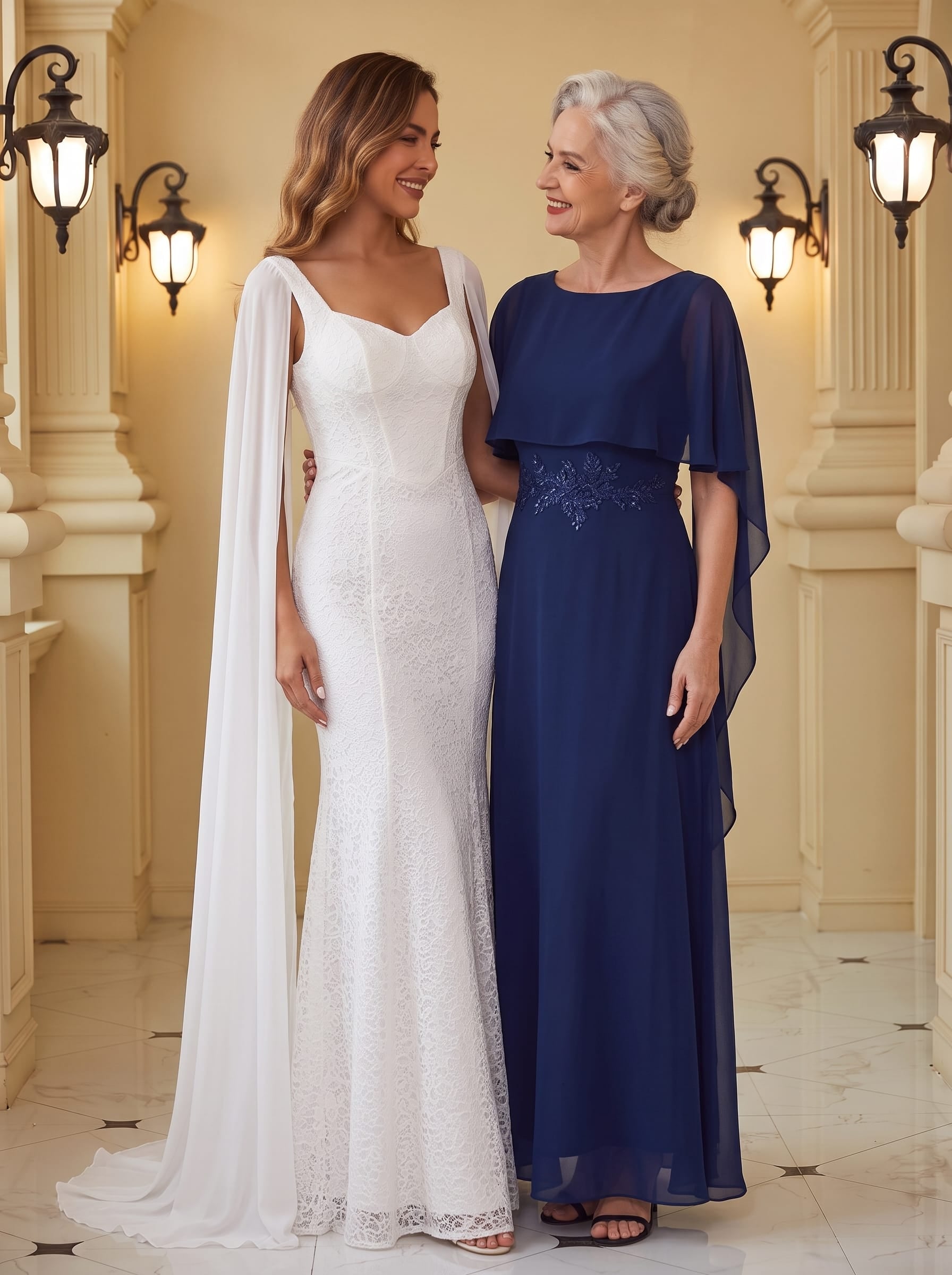 Chiffon Cape Sleeve A-line Dress #color_Navy Blue