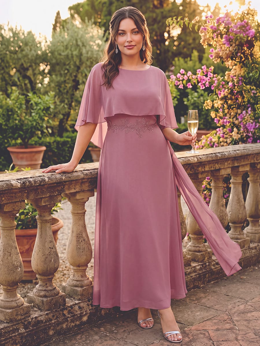 Chiffon Cape Sleeve A-line Dress #color_Purple Orchid