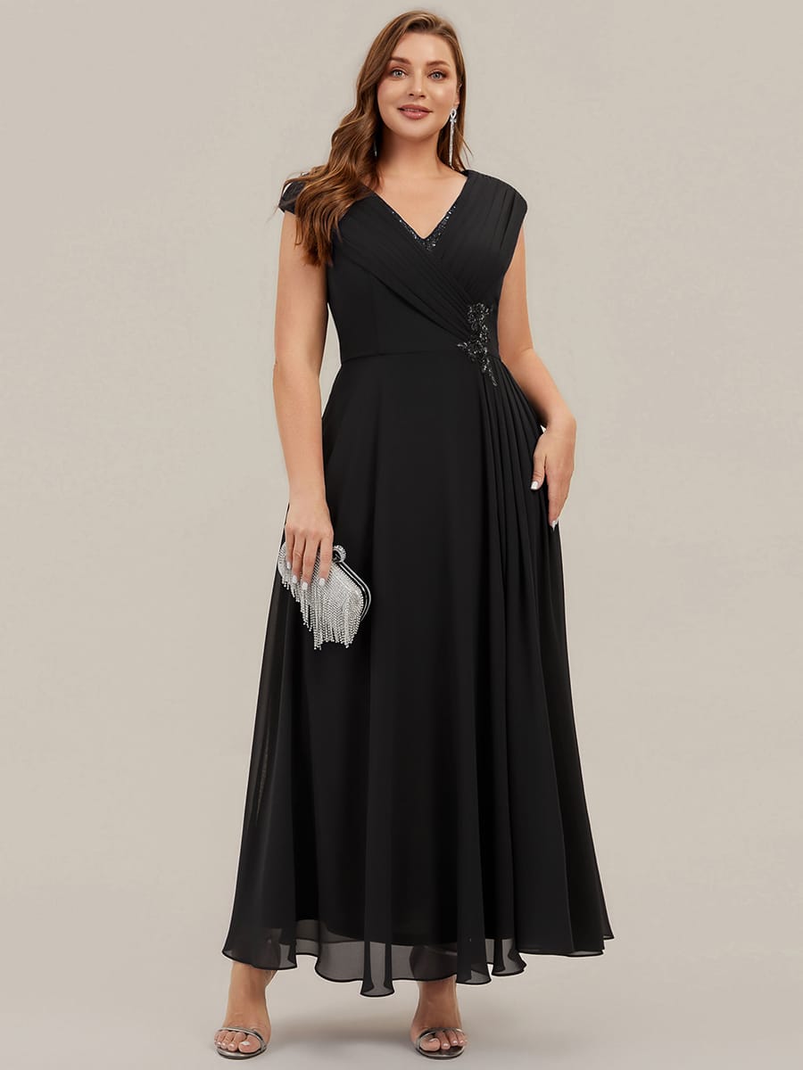 Flowing Ribbons Chiffon Cap Sleeve Dress #color_Black